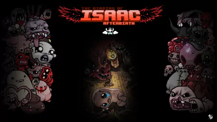 HD PC desktop wallpaper featuring dark, eerie characters from the video game The Binding of Isaac: Rebirth, centered around the distressed protagonist Isaac.