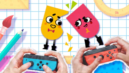 HD desktop wallpaper of Snipperclips characters with hands holding Nintendo Switch controllers on a graph paper background.