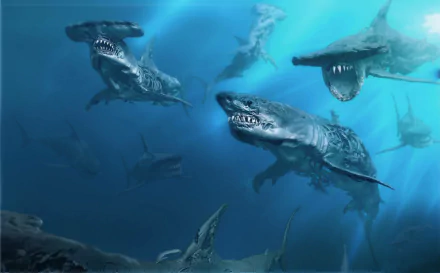 HD desktop wallpaper featuring sharks in an underwater scene from the movie Pirates of the Caribbean: Dead Men Tell No Tales.