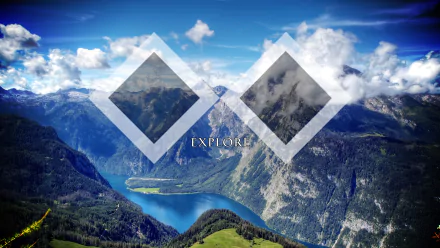 4K Ultra HD PC desktop wallpaper featuring an artistic polyscape of a mountain landscape with blue skies and two geometric diamond shapes overlaying the scene.