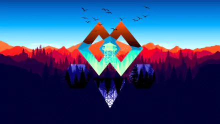 HD desktop wallpaper of Firewatch, featuring a polyscape design with a mountain landscape, fire lookout tower, and birds against a vibrant red and blue sky.