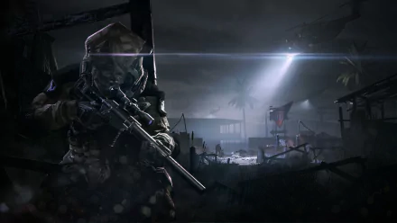 A soldier with a weapon in a dark, war-torn environment, with a helicopter and a spotlight in the background. This HD wallpaper is from the video game Warface, set during the night.