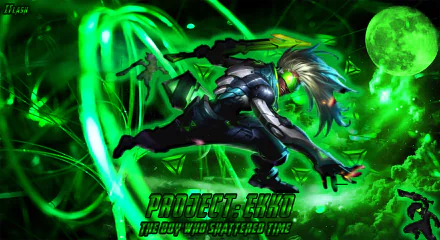 HD desktop wallpaper featuring Ekko from League of Legends in dynamic action, surrounded by vibrant green energy effects and a glowing moon in the background.