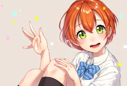 HD anime desktop wallpaper featuring Rin Hoshizora from Love Live! with her bright orange hair, green eyes, and a cheerful expression surrounded by colorful stars.