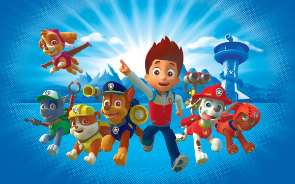 HD desktop wallpaper featuring cartoon characters from the TV show Paw Patrol, including the main boy and six dogs in action against a bright blue background.