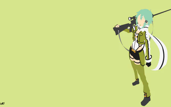 8K Ultra HD PC desktop wallpaper of Sword Art Online II's Sinon: green‑haired sniper in military green outfit and white cloak on a pale lime background, full‑body pose with rifle.