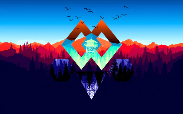 HD desktop wallpaper of Firewatch, featuring a polyscape design with a mountain landscape, fire lookout tower, and birds against a vibrant red and blue sky.