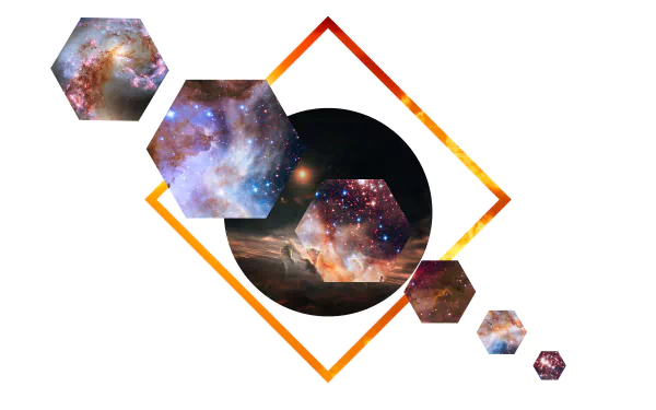 Abstract polyscape design featuring hexagonal shapes filled with vibrant galaxy imagery, set against a sharp geometric frame in this 8K Ultra HD PC desktop wallpaper.