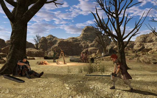 4K Ultra HD PC desktop wallpaper: Berserk video game — BERSERK and the Band of the Hawk campfire in a rocky wasteland, armored warriors and a swordsman facing off beneath a blue sky.