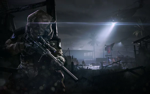 A soldier with a weapon in a dark, war-torn environment, with a helicopter and a spotlight in the background. This HD wallpaper is from the video game Warface, set during the night.