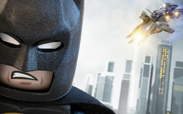 HD PC desktop wallpaper featuring Batman from The Lego Movie with a city skyline and flying vehicle in the background.