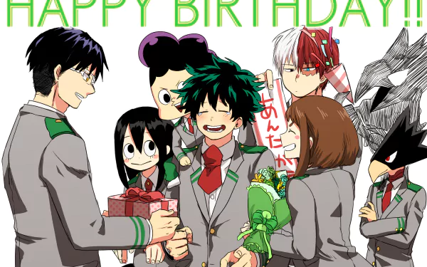 A vibrant HD desktop wallpaper featuring characters Fumikage Tokoyami, Minoru Mineta, Tenya Iida, Shoto Todoroki, Ochaco Uraraka, Izuku Midoriya, and Tsuyu Asui from My Hero Academia celebrating a birthday.