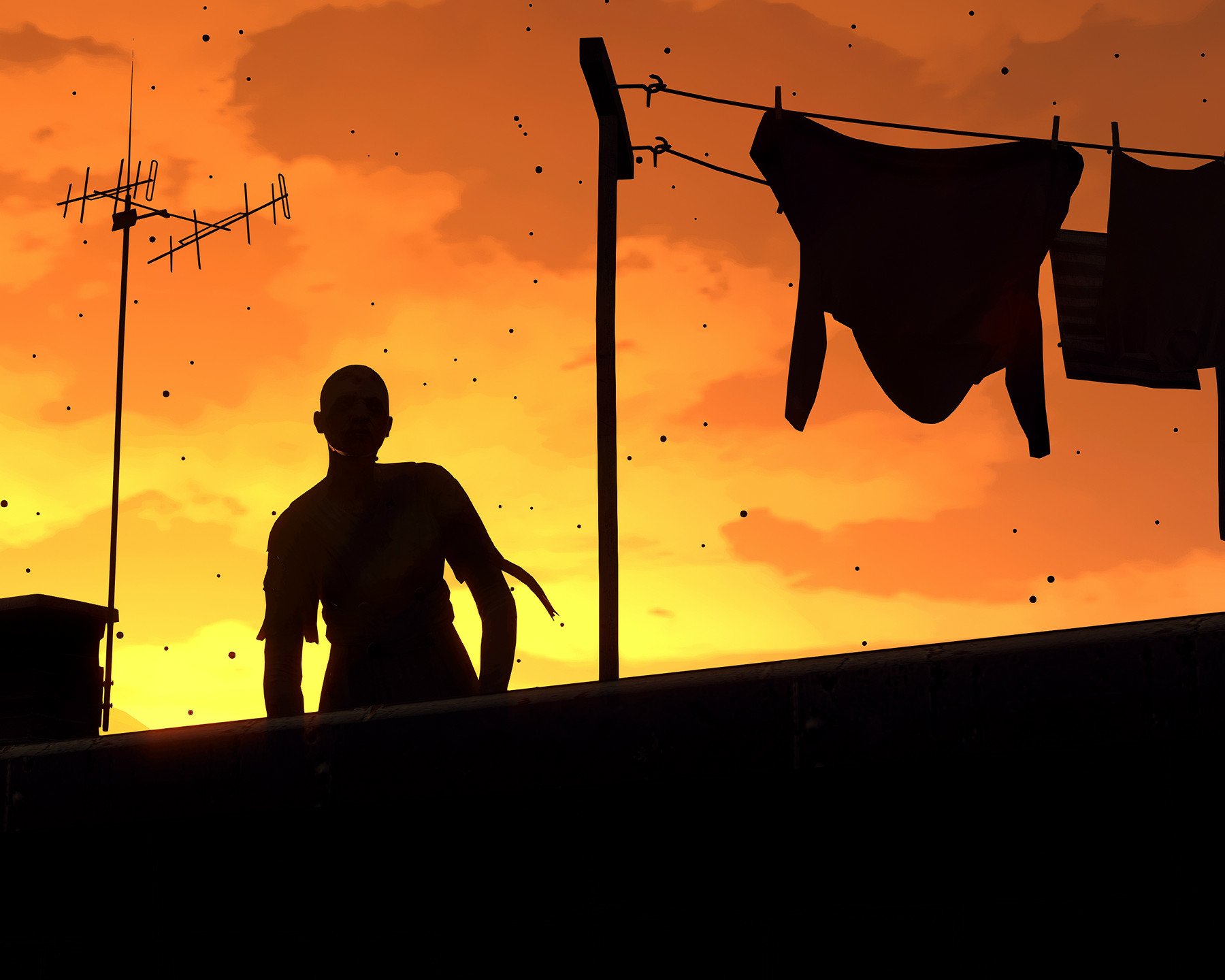 Silhouette of a figure on a rooftop at sunset, with antennas and hanging laundry, set in the Dying Light video game, featured as an HD PC desktop wallpaper.