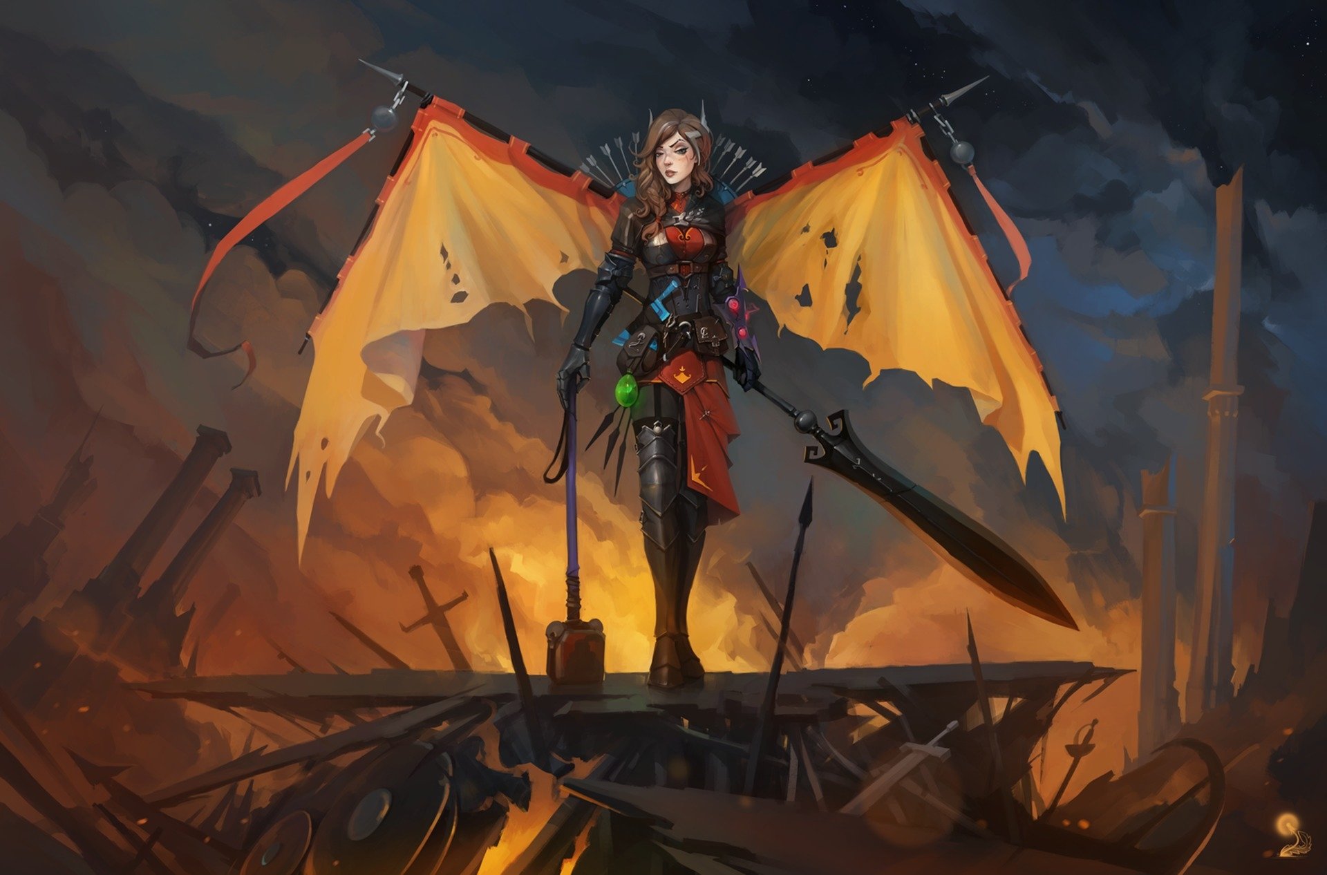HD PC wallpaper of Legion Commander (DotA 2): an armored woman warrior standing on a ruined battlefield, tattered orange cloak, wielding a massive sword amid smoke and embers.