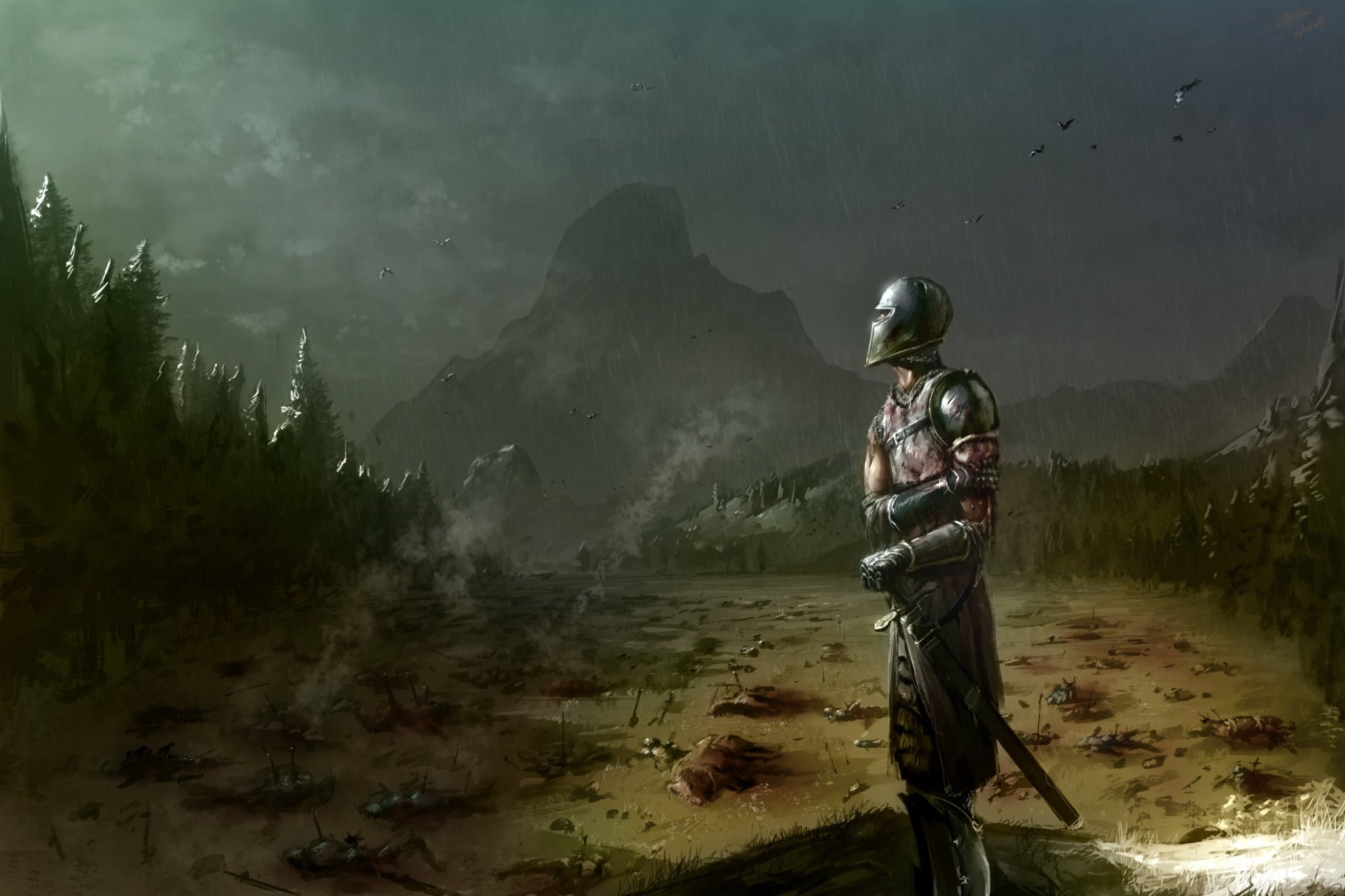 A fantasy warrior in detailed armor stands in a misty landscape with towering mountains and dark forests, creating an atmospheric HD PC desktop wallpaper background.