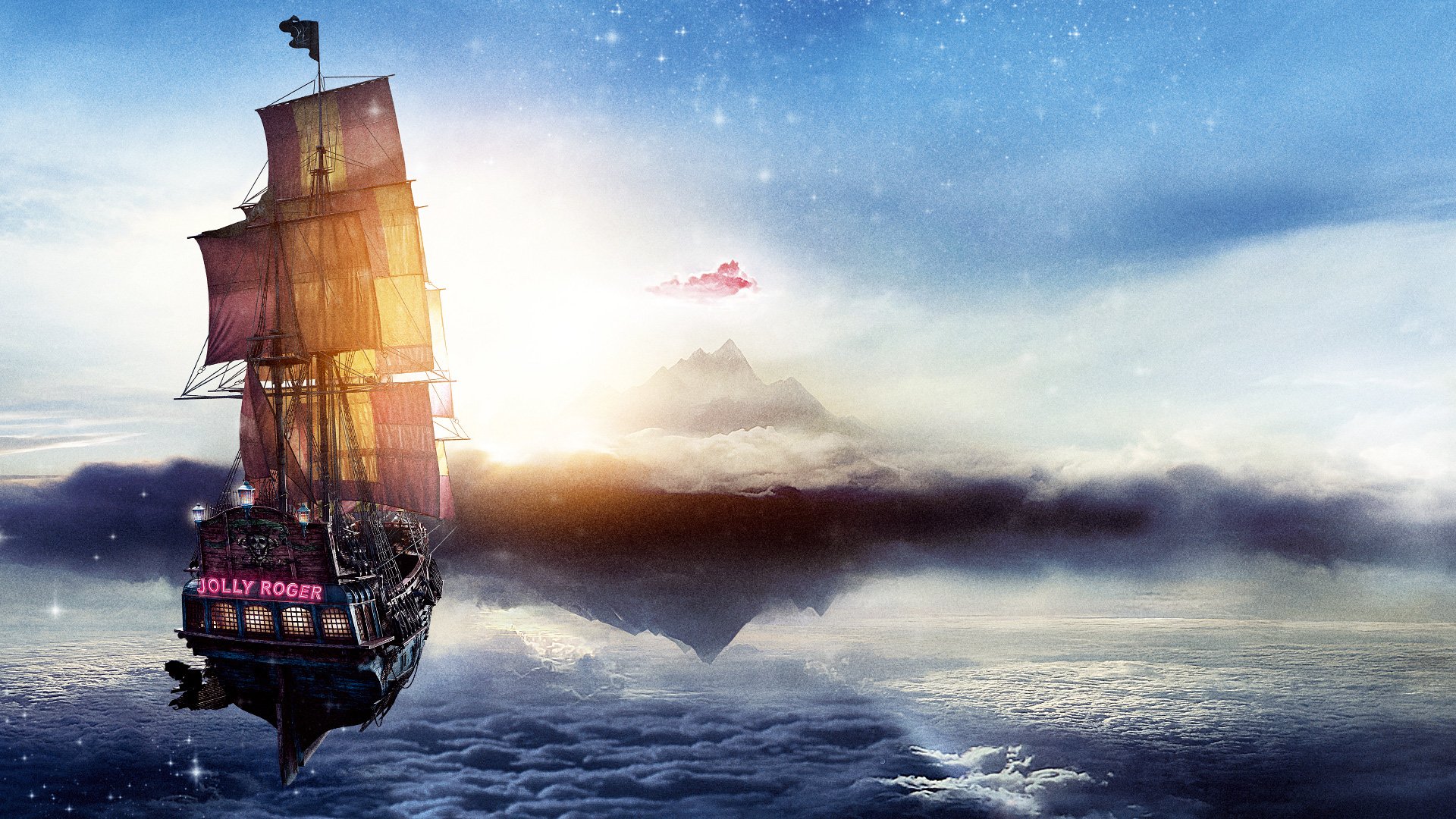 HD PC desktop wallpaper/background: cinematic movie Pan scene — a glowing pirate ship sails over clouds at sunrise toward a distant island under a star-speckled sky.