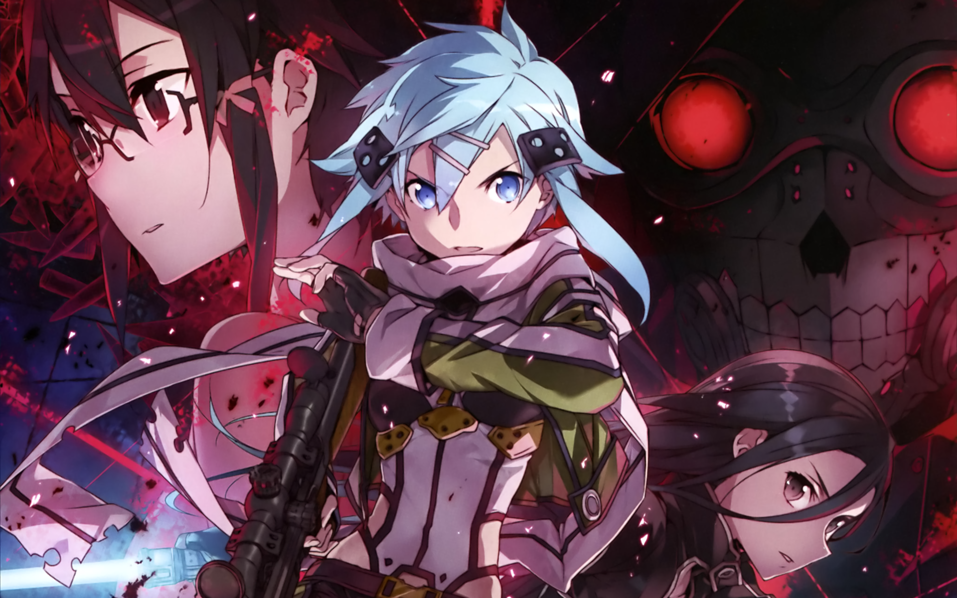 HD desktop wallpaper featuring characters from Sword Art Online II: Death Gun, Shino Asada, Sinon, Kirito, and Kazuto Kirigaya. The vibrant image showcases the intense and dynamic anime art style.