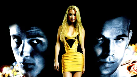 HD PC desktop wallpaper featuring Amber Heard with two intense male faces in the background, inspired by the movie Never Back Down.