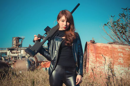 HD desktop wallpaper of an Asian brunette woman model holding a rifle, featuring an industrial outdoor backdrop, tagged Girls & Guns.