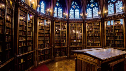 Cozy interior of the man-made John Rylands Library, with towering wooden bookshelves and stained glass windows, captured in 4K Ultra HD for a PC desktop wallpaper.