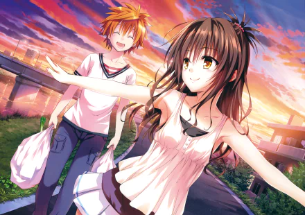 Two characters from the anime To Love-Ru, Mikan Yuuki and Rito Yuuki, are depicted joyfully against a vibrant sunset. This HD desktop wallpaper showcases detailed and colorful anime artwork.