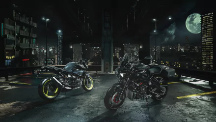 4K Ultra HD PC desktop wallpaper of two Yamaha MT-10 motorcycles parked on a moonlit rooftop with a city skyline — Yamaha vehicle background.