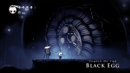 4K Ultra HD wallpaper from Hollow Knight featuring Quirrel standing in front of the Temple of the Black Egg, showcasing detailed, dark atmospheric game art.