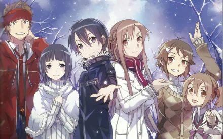 A vibrant HD wallpaper featuring characters from Sword Art Online, including Kirito, Asuna, Silica, Lisbeth, and Klein, set against a snowy backdrop.