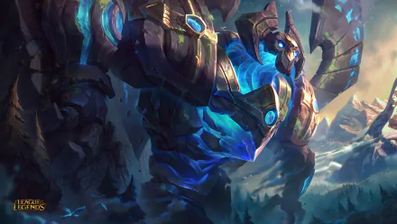 HD desktop wallpaper of Galio from League of Legends, showcasing the massive stone sentinel in a powerful stance with glowing blue highlights against a mountainous background.