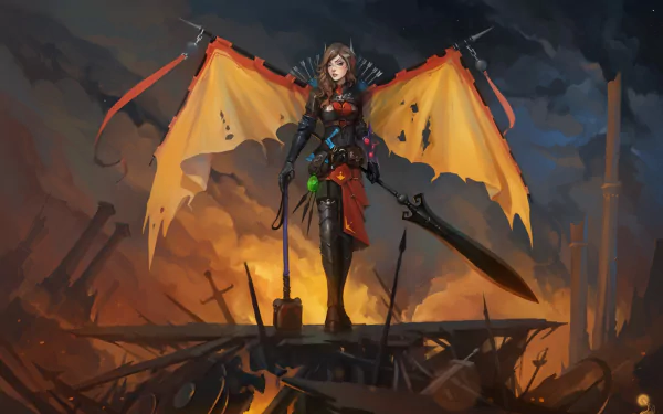 HD PC wallpaper of Legion Commander (DotA 2): an armored woman warrior standing on a ruined battlefield, tattered orange cloak, wielding a massive sword amid smoke and embers.