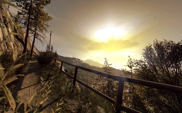 HD PC desktop wallpaper from the video game Dying Light, featuring a scenic sunset view over a rusty fence and foliage in a mountainous landscape.