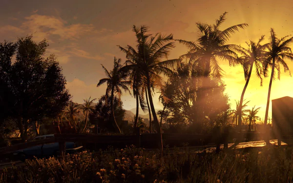 Harran (Dying Light) HD PC desktop wallpaper and background: golden sunset through palm trees and overgrown roadway in the Dying Light video game.