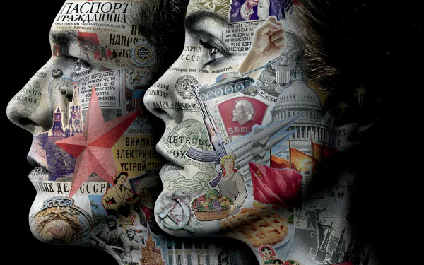 HD desktop wallpaper featuring Matthew Rhys and Keri Russell from The Americans TV show, with their faces artistically adorned with Soviet and American thematic imagery.