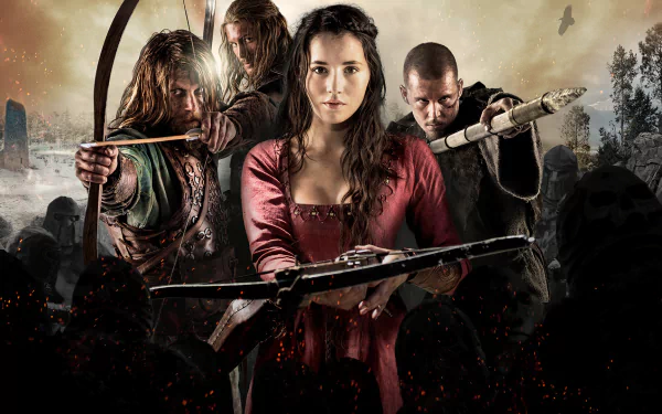 HD PC desktop wallpaper featuring characters from the movie Northmen: A Viking Saga, with warriors poised for battle in a dramatic, dark landscape.