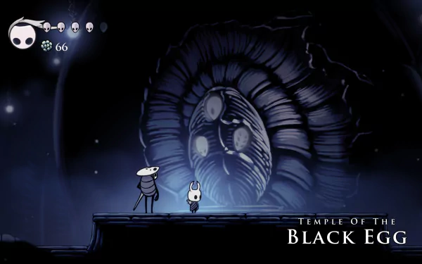 4K Ultra HD wallpaper from Hollow Knight featuring Quirrel standing in front of the Temple of the Black Egg, showcasing detailed, dark atmospheric game art.