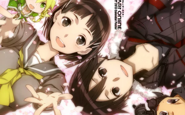 5K Ultra HD anime wallpaper of Sword Art Online characters Kazuto Kirigaya (Kirito) and Suguha Kirigaya (Leafa) smiling amid falling cherry blossoms.