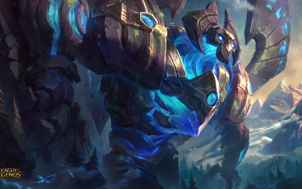 HD desktop wallpaper of Galio from League of Legends, showcasing the massive stone sentinel in a powerful stance with glowing blue highlights against a mountainous background.