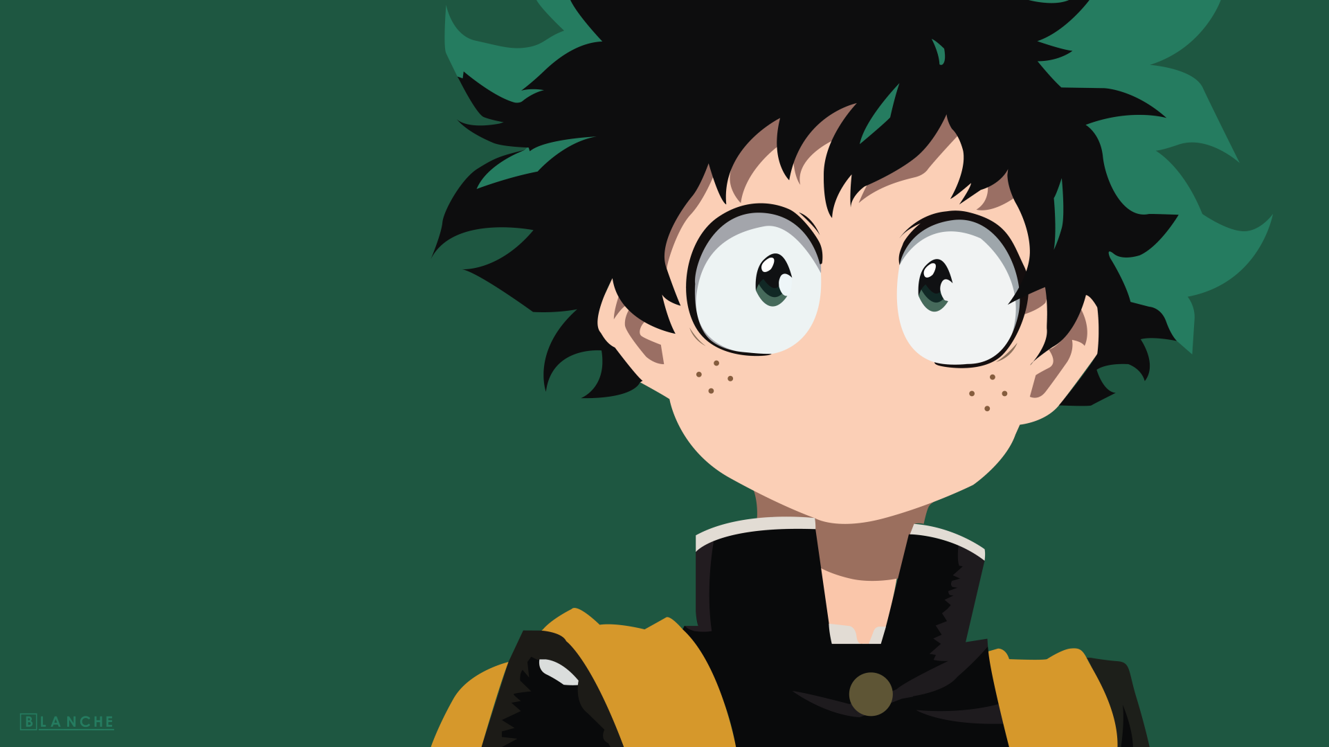 Anime-style 8K Ultra HD My Hero Academia wallpaper featuring a close-up of a surprised character with green hair and wide eyes on a dark green background.