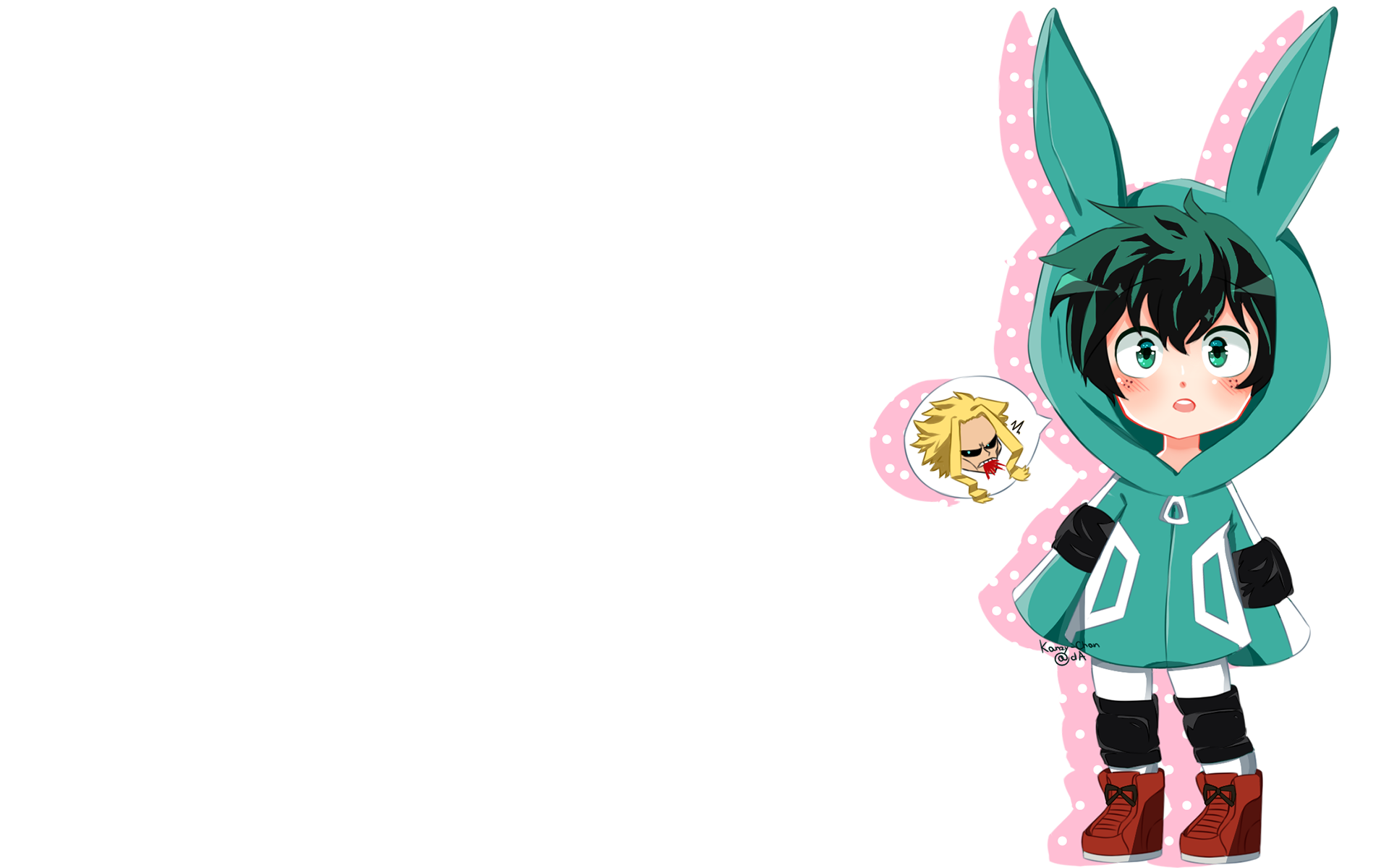 HD PC desktop wallpaper featuring a chibi-style My Hero Academia character in a green bunny hoodie with a small blonde character in a speech bubble.