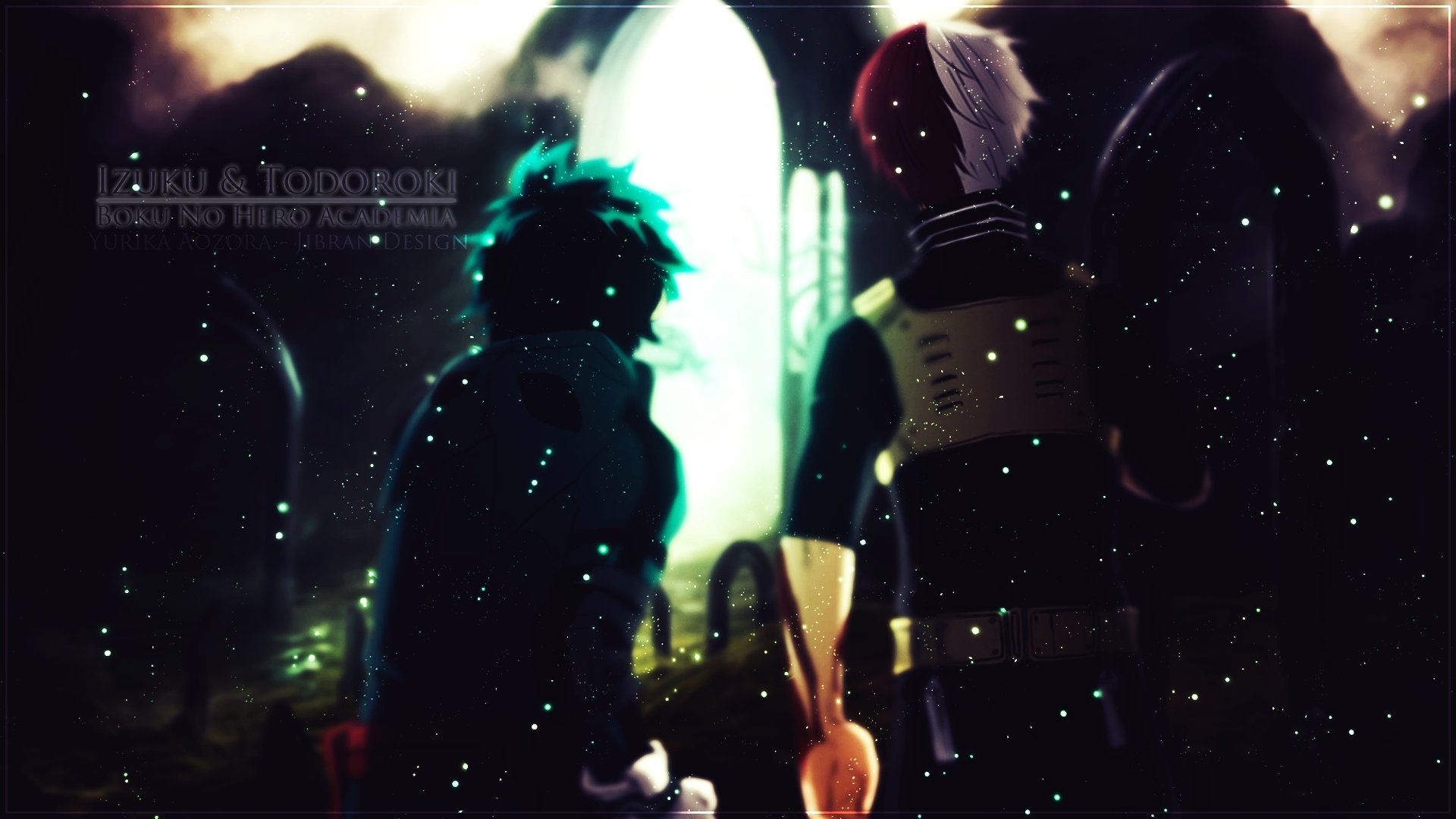 HD PC desktop wallpaper featuring anime characters from My Hero Academia, showcasing Todoroki and Deku in a dimly lit, atmospheric setting with glowing light effects.