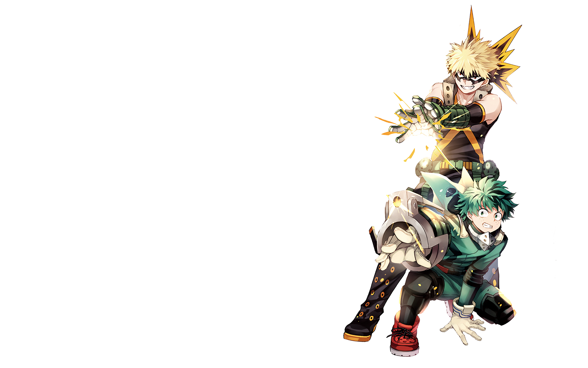 HD PC desktop wallpaper featuring anime characters Bakugo and Midoriya from My Hero Academia with a white background.