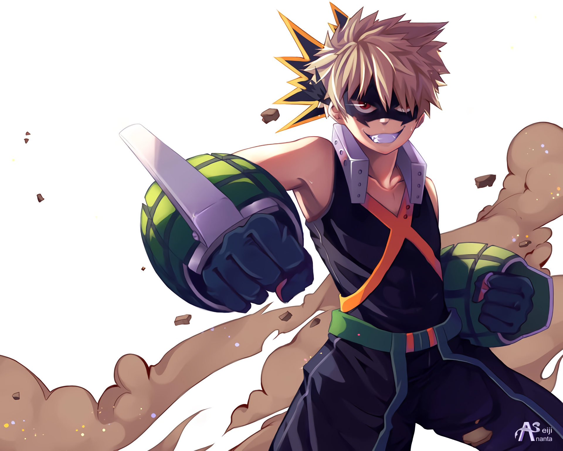 Anime character Katsuki Bakugou from My Hero Academia, depicted in an HD desktop wallpaper, strikes a dynamic pose with a confident grin, surrounded by stylized action effects.