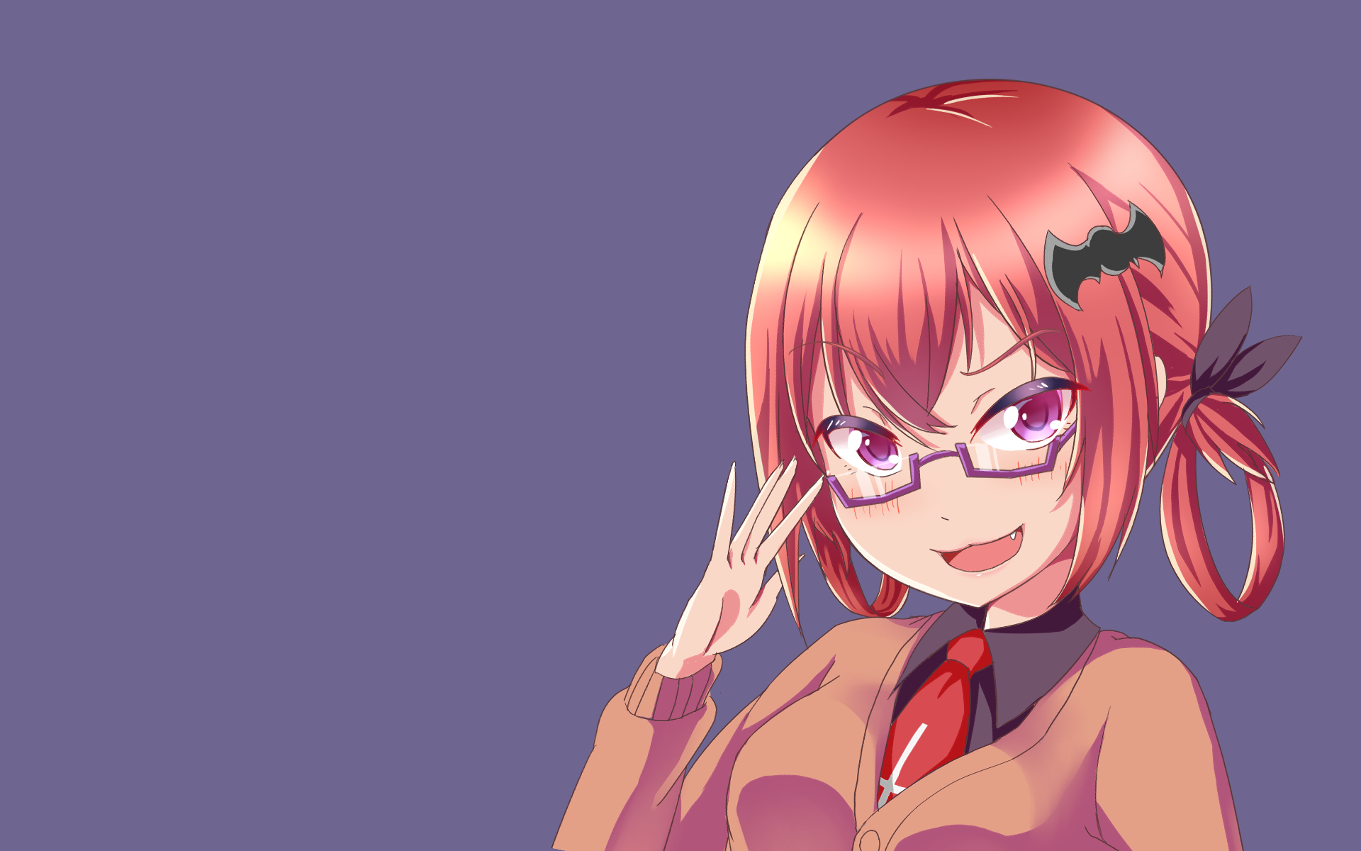 HD anime desktop wallpaper featuring Satanichia Kurumizawa McDowell from Gabriel DropOut, with a confident expression and purple background.