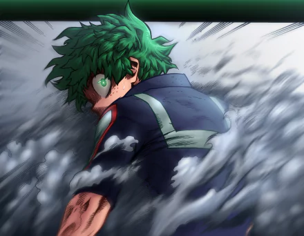 HD desktop wallpaper featuring Izuku Midoriya from the anime My Hero Academia, showcasing intense action with swirling backgrounds and Midoriya's determined expression.