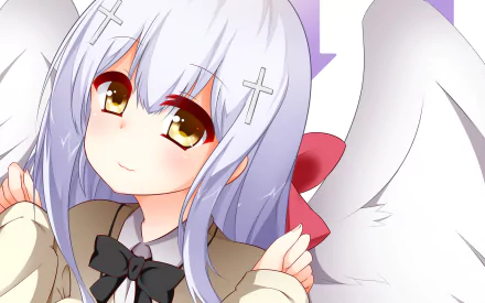 HD anime desktop wallpaper featuring Raphiel Shiraha Ainsworth from Gabriel DropOut with white hair, golden eyes, and angel wings.