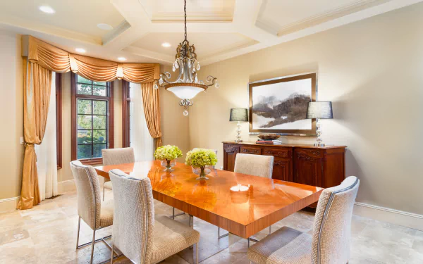 HD PC Desktop Wallpaper and Background: man made living room scene with polished wooden table, upholstered furniture, chandelier, sideboard and draped window.