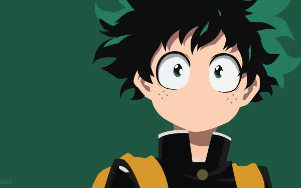 Anime-style 8K Ultra HD My Hero Academia wallpaper featuring a close-up of a surprised character with green hair and wide eyes on a dark green background.