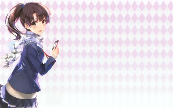 This HD desktop wallpaper features Megumi Katō from the anime Saekano: How to Raise a Boring Girlfriend, set against a pastel diamond-patterned background.