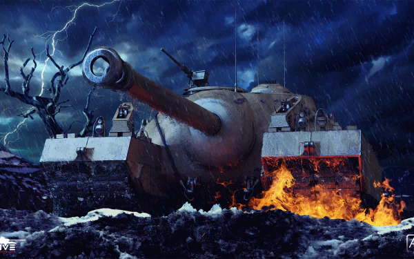 HD desktop wallpaper featuring the T-95 tank from the video game World of Tanks, set against a stormy night sky with lightning and flames in the foreground.