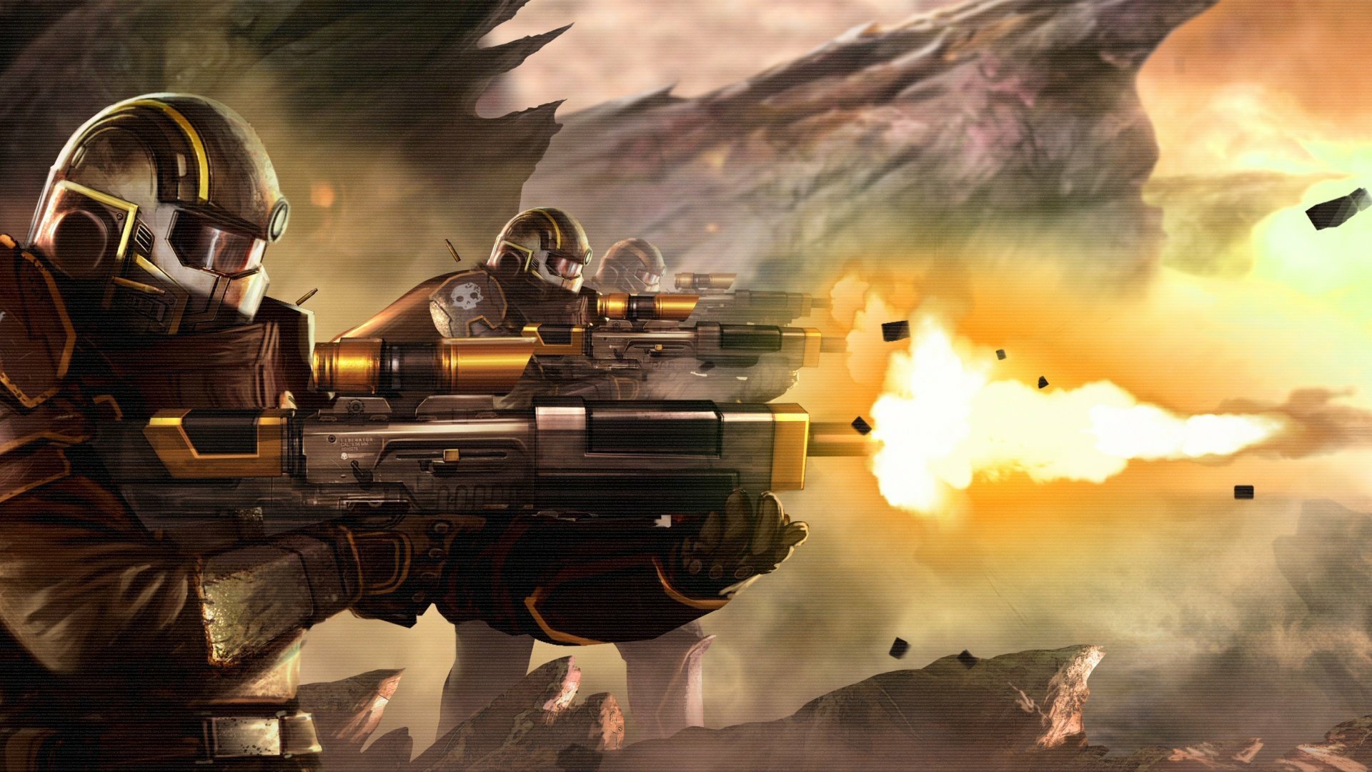 HD wallpaper featuring armed Helldivers in combat for desktop background.